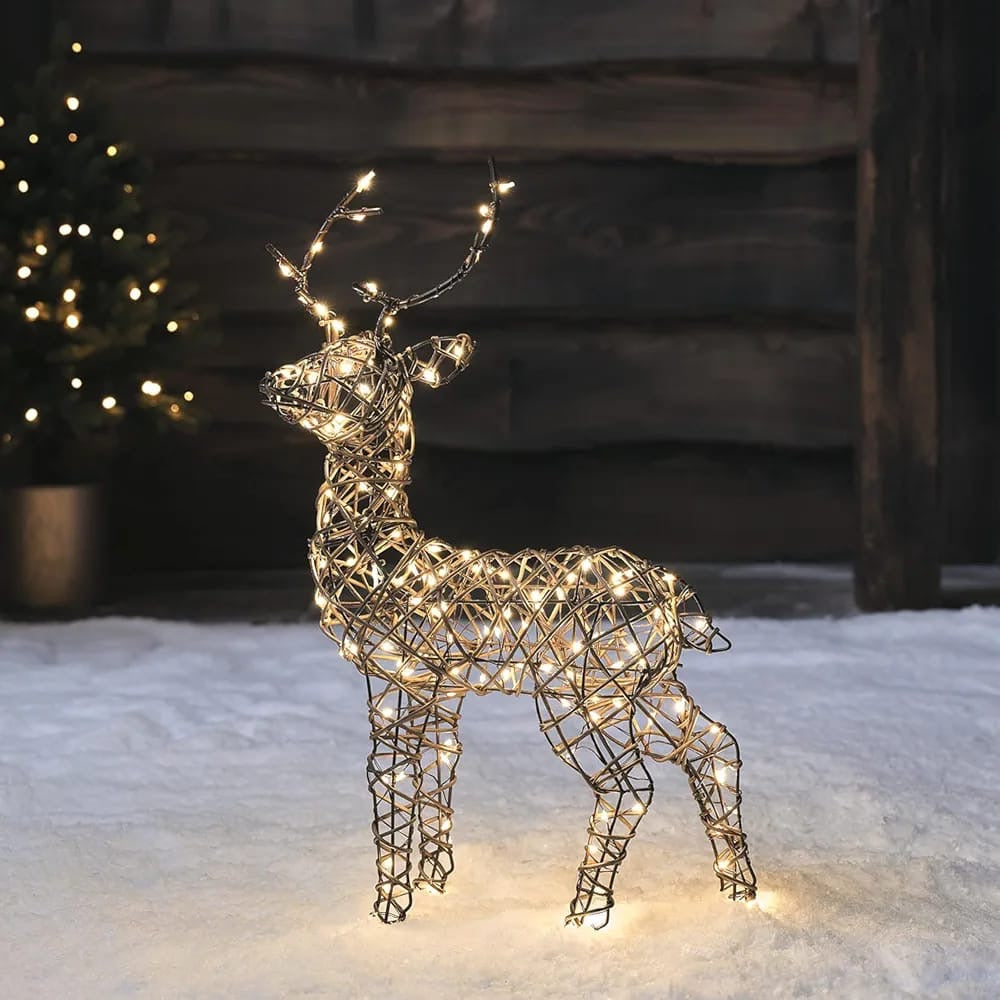 Outdoor Christmas Set of 3 Light Up Rattan Reindeers Mini Doe, Fawn & Stag Figure Warm White LEDs