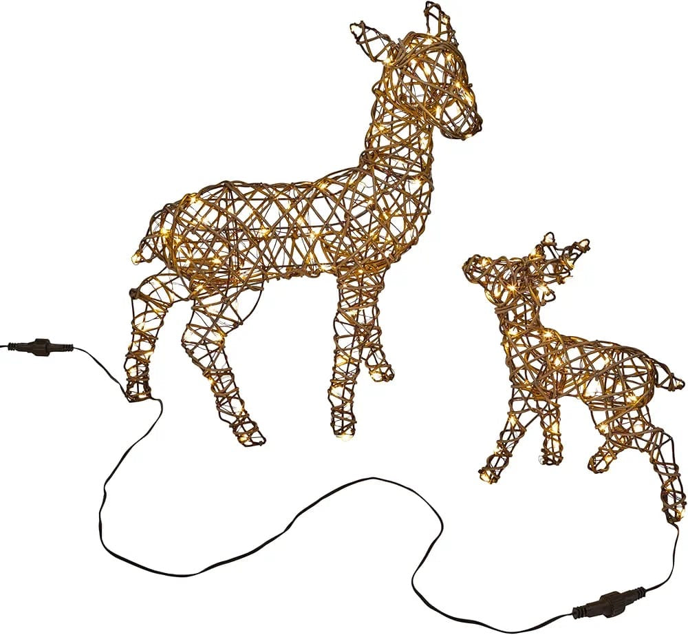 Outdoor Christmas Set of 3 Light Up Rattan Reindeers Mini Doe, Fawn & Stag Figure Warm White LEDs