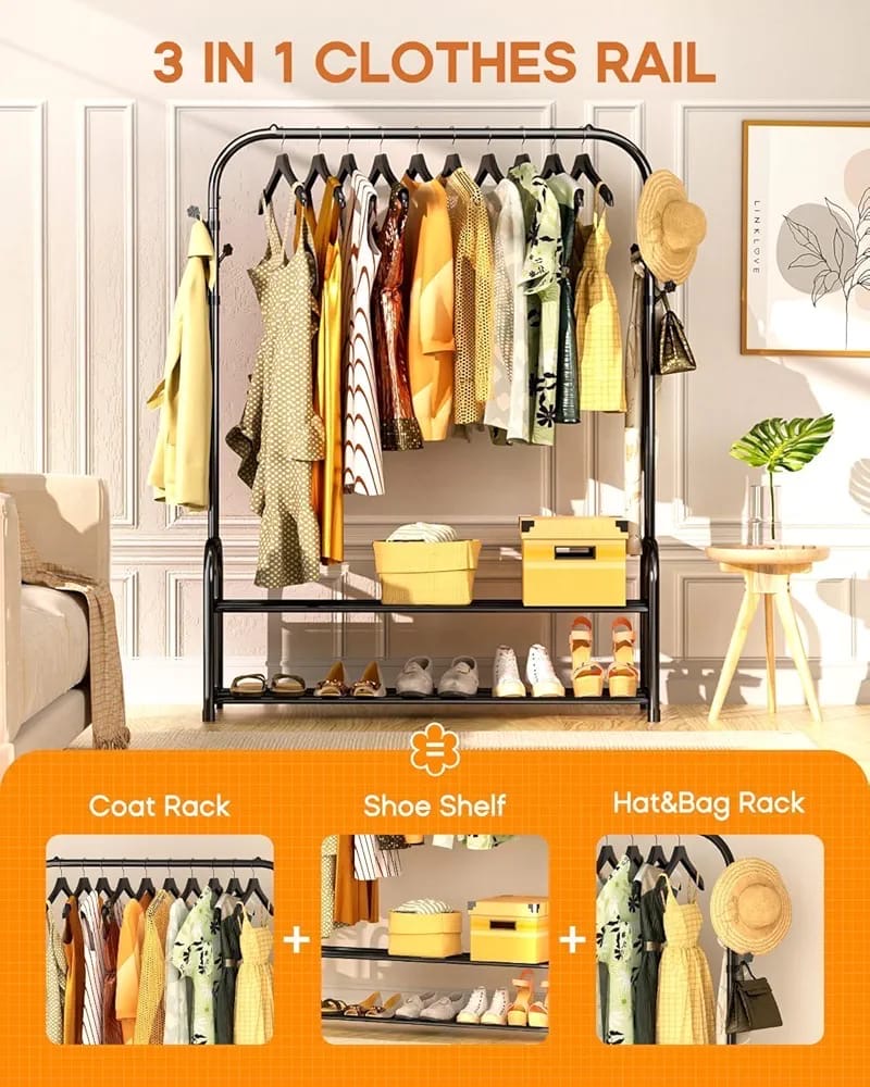 Clothes Rail Black Metal Coat Rack Freestanding Garment Rack Hanger With 6 Side Hooks and 2-Tiers(Single Rail)