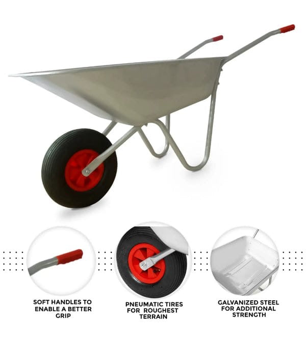 65L Wheelbarrow Heavy Duty Galvanised Home Garden Metal Cart with Pneumatic Tyre