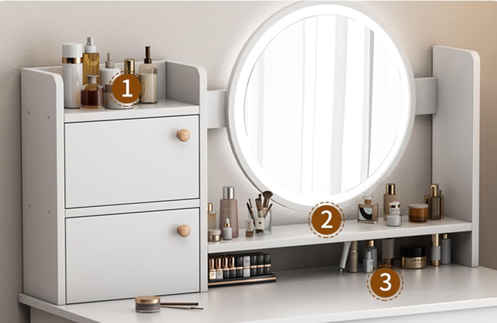 Dressing Table,Vanity Table with Round Mirror,LED Lights with Adjustable Brightness,4 Drawers 2 Doors and Open Shelves,Wooden Modern Bedroom Dresser,White Desk Make up Table