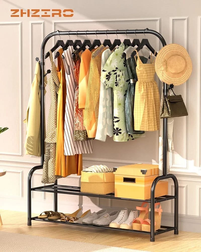 Clothes Rail Black Metal Coat Rack Freestanding Garment Rack Hanger With 6 Side Hooks and 2-Tiers(Single Rail)