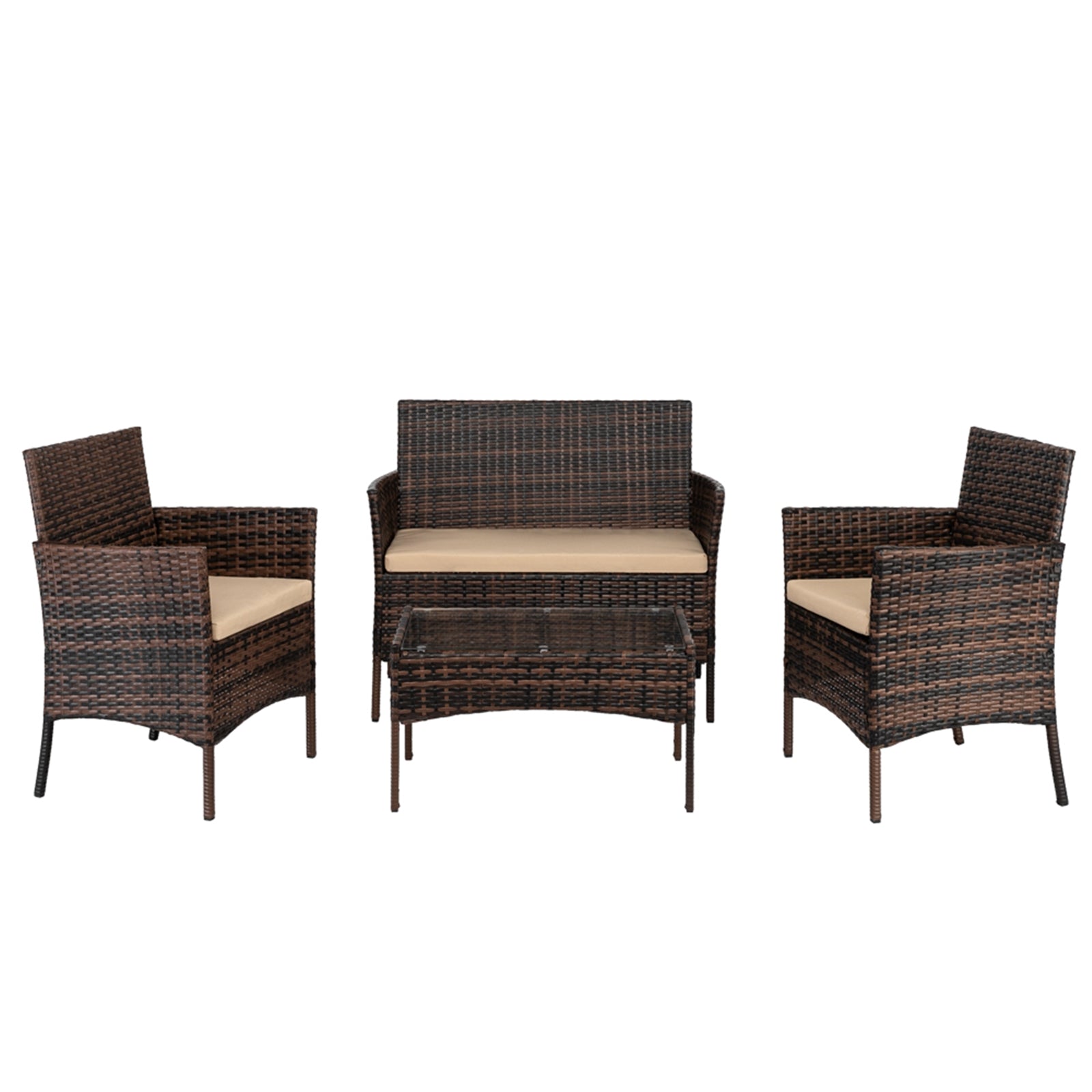 2pcs Arm Chairs 1pc Love Seat & Tempered Glass Coffee Table Rattan Sofa Set Brown Gradient