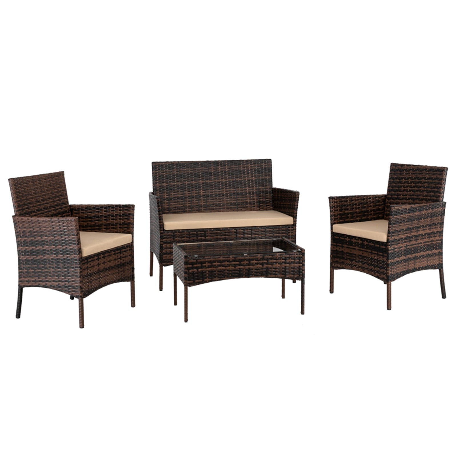 2pcs Arm Chairs 1pc Love Seat & Tempered Glass Coffee Table Rattan Sofa Set Brown Gradient