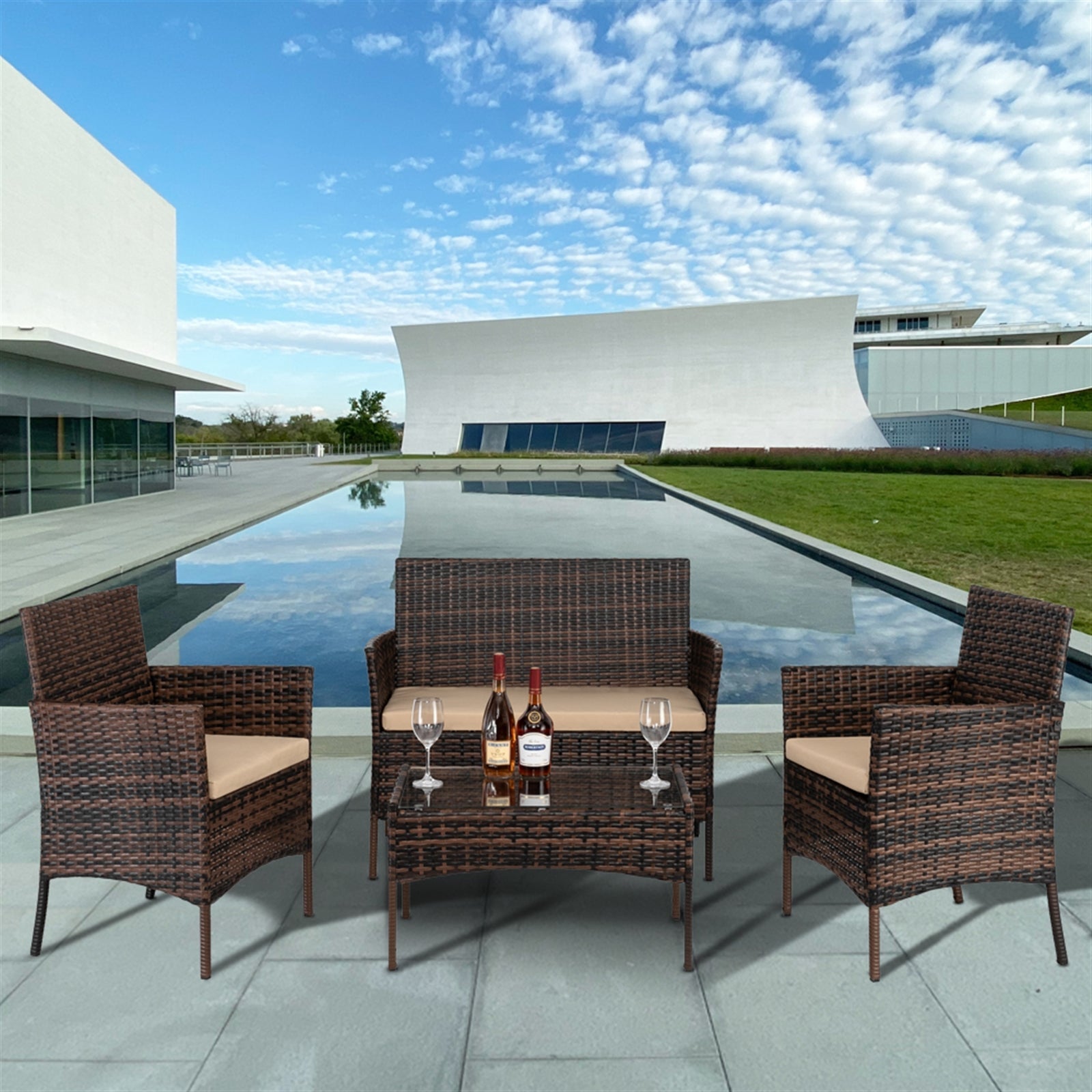 2pcs Arm Chairs 1pc Love Seat & Tempered Glass Coffee Table Rattan Sofa Set Brown Gradient