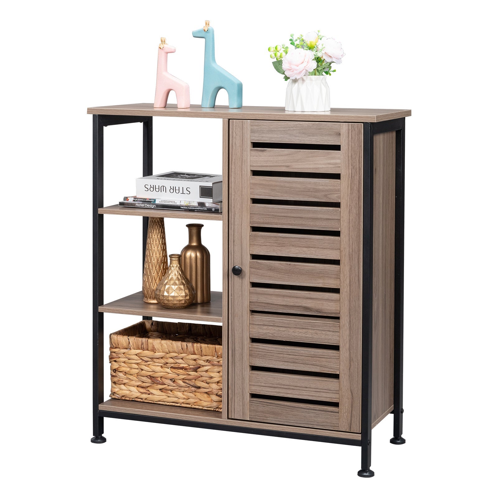 Storage Cabinet, Cupboard, Multipurpose Cabinet, 3 Open Shelves and Closed Compartments, for Kitchen, Living Room, Bedroom, Industrial,Gray and Black