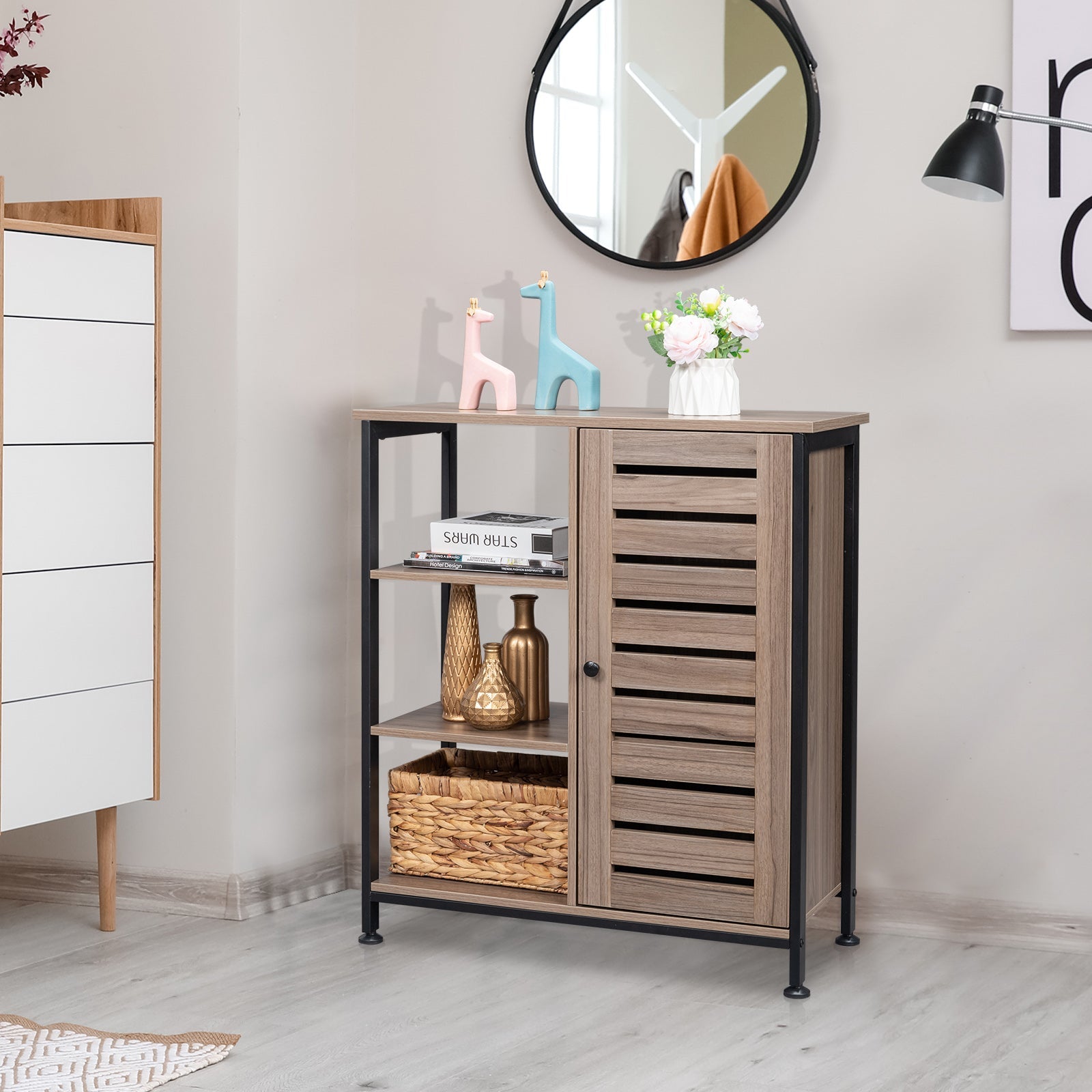 Storage Cabinet, Cupboard, Multipurpose Cabinet, 3 Open Shelves and Closed Compartments, for Kitchen, Living Room, Bedroom, Industrial,Gray and Black