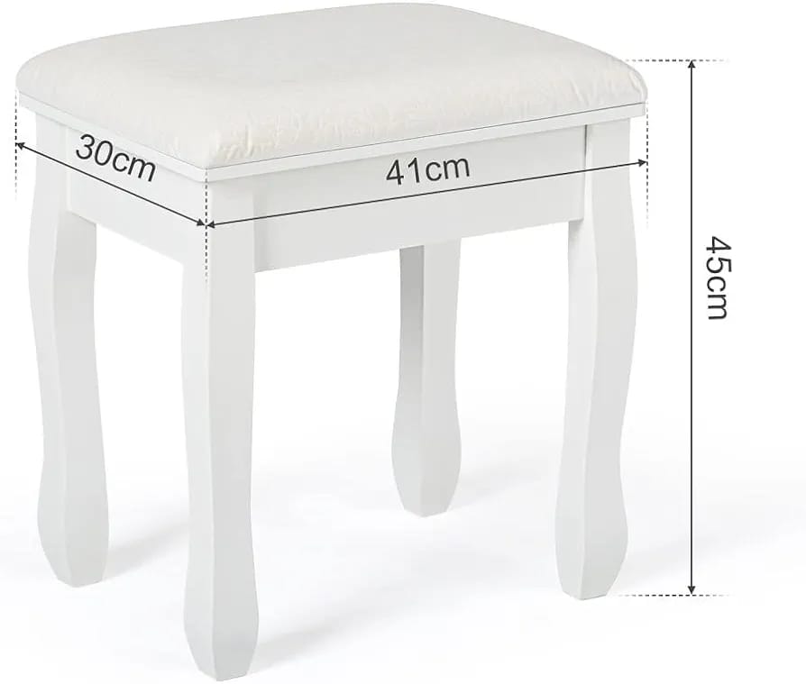 Dressing Table Stool, White Soft Padded MDF Wood Vanity Stool Baroque Printing Stool, 41 x 30 x 45cm