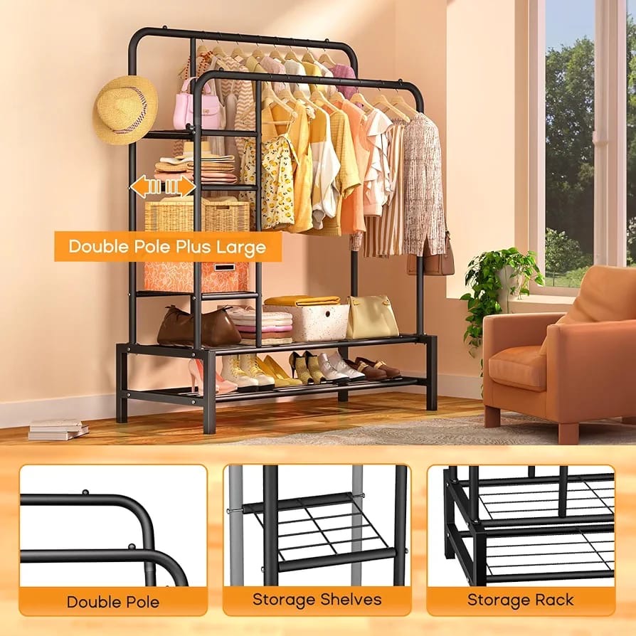 Metal Clothes Rail Double Pole Clothes Rack Multifunctional Garment Rack(Black)