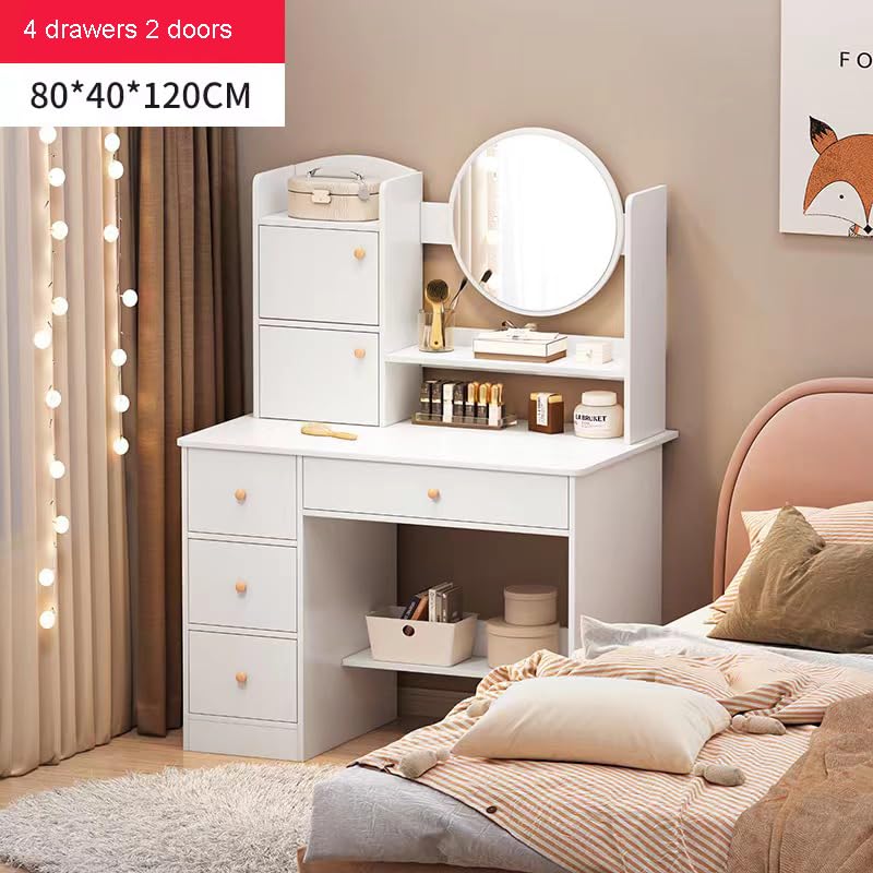 Dressing Table,Vanity Table with Round Mirror,LED Lights with Adjustable Brightness,4 Drawers 2 Doors and Open Shelves,Wooden Modern Bedroom Dresser,White Desk Make up Table