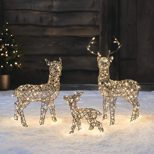 Outdoor Christmas Set of 3 Light Up Rattan Reindeers Mini Doe, Fawn & Stag Figure Warm White LEDs