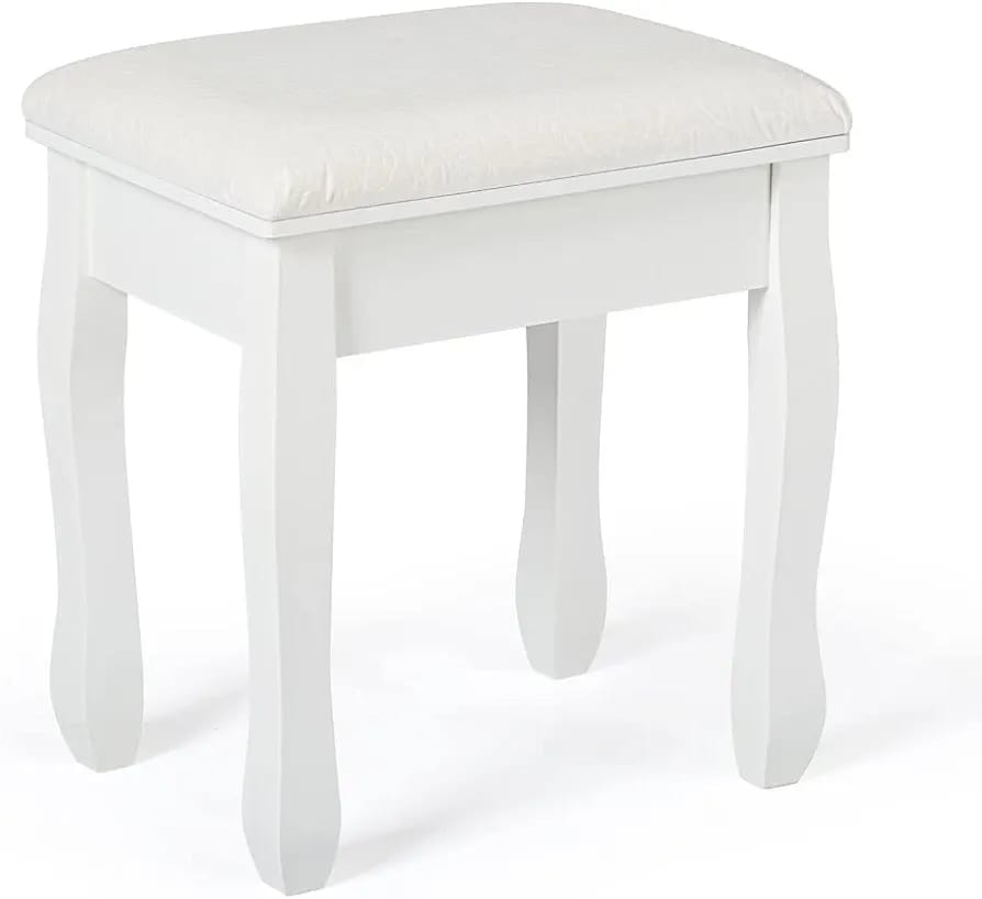 Dressing Table Stool, White Soft Padded MDF Wood Vanity Stool Baroque Printing Stool, 41 x 30 x 45cm