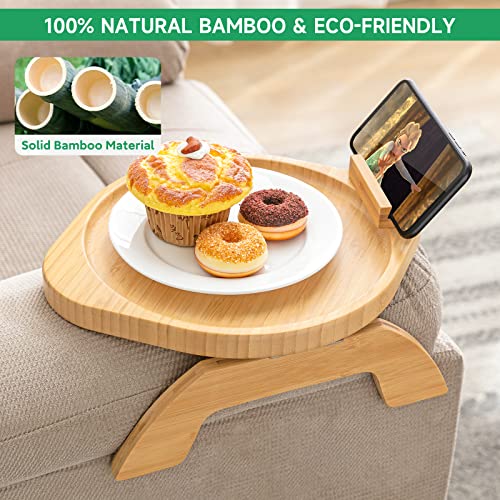 SITREMEN Bamboo Sofa Arm Tray Table with Rotating Mobile Holder, Stable Couch Armrest Tray, Clip-On Sofa Tray Table for Wide Couches, Foldable Couch Arm Clip Table for Eating and Drinking