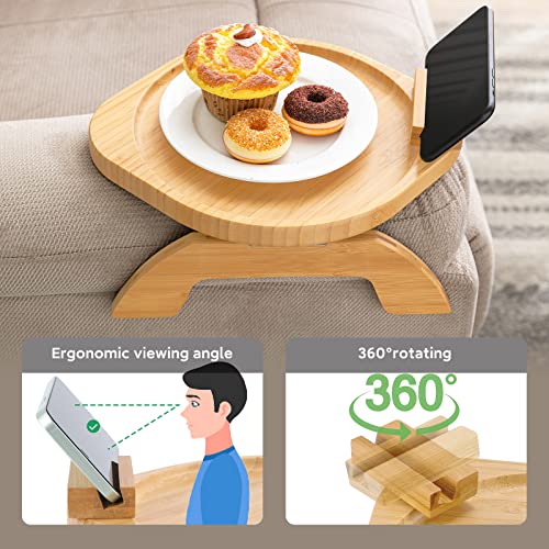 SITREMEN Bamboo Sofa Arm Tray Table with Rotating Mobile Holder, Stable Couch Armrest Tray, Clip-On Sofa Tray Table for Wide Couches, Foldable Couch Arm Clip Table for Eating and Drinking