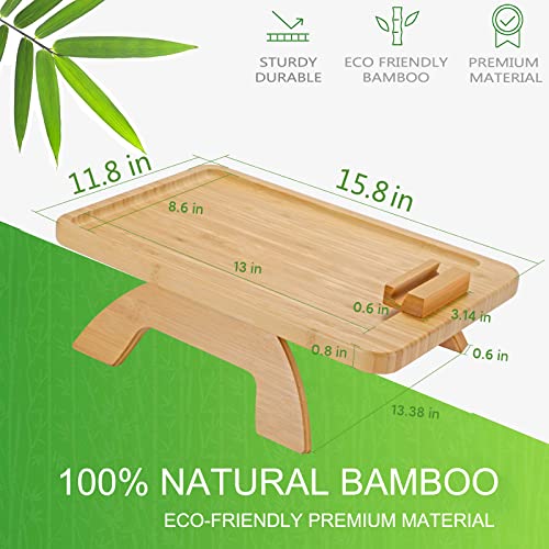 SITREMEN Bamboo Sofa Arm Tray Table with Rotating Mobile Holder, Stable Couch Armrest Tray, Clip-On Sofa Tray Table for Wide Couches, Foldable Couch Arm Clip Table for Eating and Drinking