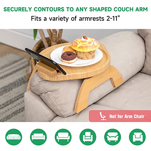 SITREMEN Bamboo Sofa Arm Tray Table with Rotating Mobile Holder, Stable Couch Armrest Tray, Clip-On Sofa Tray Table for Wide Couches, Foldable Couch Arm Clip Table for Eating and Drinking