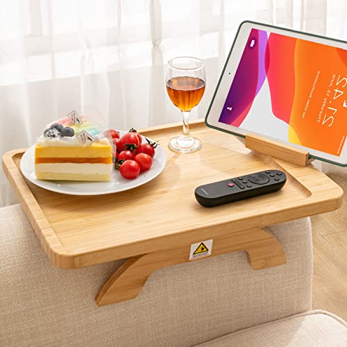 SITREMEN Bamboo Sofa Arm Tray Table with Rotating Mobile Holder, Stable Couch Armrest Tray, Clip-On Sofa Tray Table for Wide Couches, Foldable Couch Arm Clip Table for Eating and Drinking