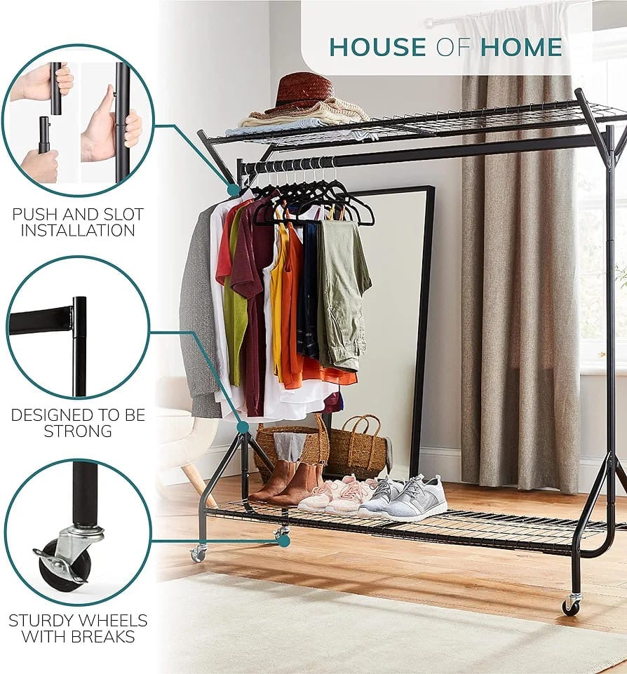 Super Heavy Duty Metal Clothes Rail with Wheels - 1 Tier Rail Wardrobe Replacement -Storage & Organiser for Shirts, Coats, Hat & Shoes - Black, 4ft x 5ft