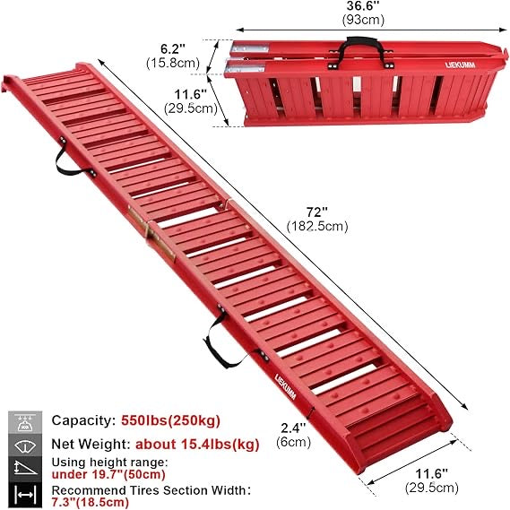 Aluminum Loading Ramp 182.5cm, Motorbike Loading Ramp for ATV, Motorcycle, Truck, Scooter, 250kg Capacity, Red