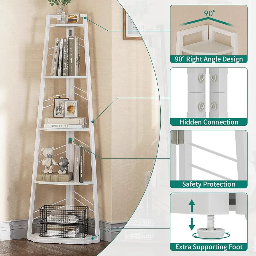 Corner Shelf 5 Tier, Industrial Corner Bookshelf Modern Freestanding Corner Bookcase Ladder Shelf Wooden Open Shelving Unit for Living Room, Hallway, Home Office, Pure White Book shelf