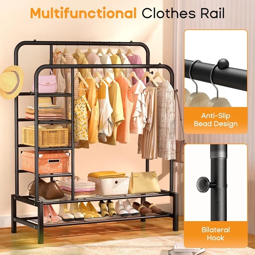 Metal Clothes Rail Double Pole Clothes Rack Multifunctional Garment Rack(Black)