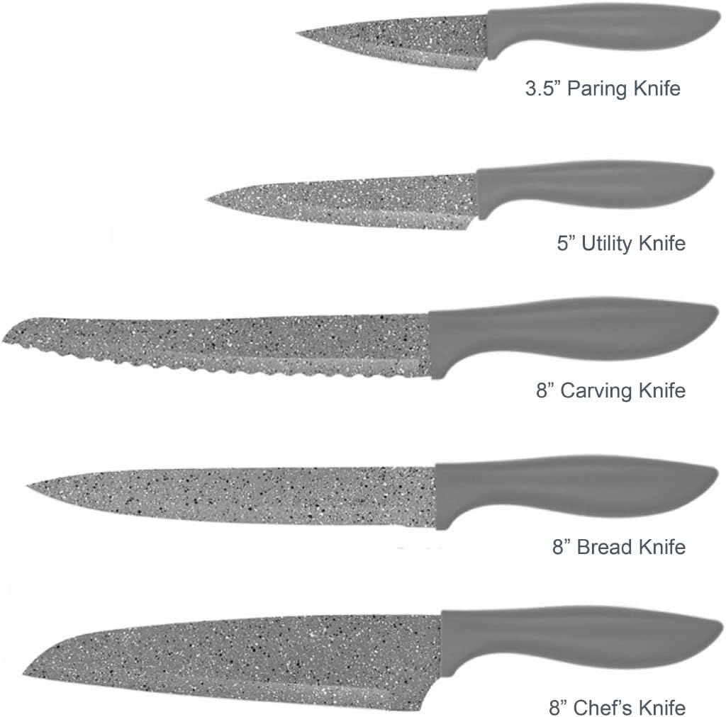 5-Piece Knife Set / Comes with Freestanding Storage Block / Stainless Steel Knives / Non-Stick Grey Marble Coating / Easy Clean / Modern & Stylish Kitchen Accessory