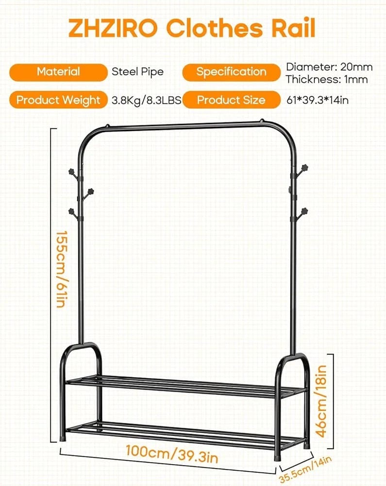 Clothes Rail Black Metal Coat Rack Freestanding Garment Rack Hanger With 6 Side Hooks and 2-Tiers(Single Rail)