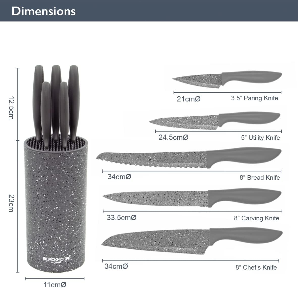 5-Piece Knife Set / Comes with Freestanding Storage Block / Stainless Steel Knives / Non-Stick Grey Marble Coating / Easy Clean / Modern & Stylish Kitchen Accessory