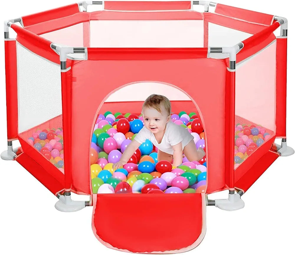 Yorking Baby Playpen Six-Plate Playpen Large Activity Playpen 6 Sides with Round Zipper Door Play Pen for Toddlers Playpen Baby Red (Without Ocean Ball)