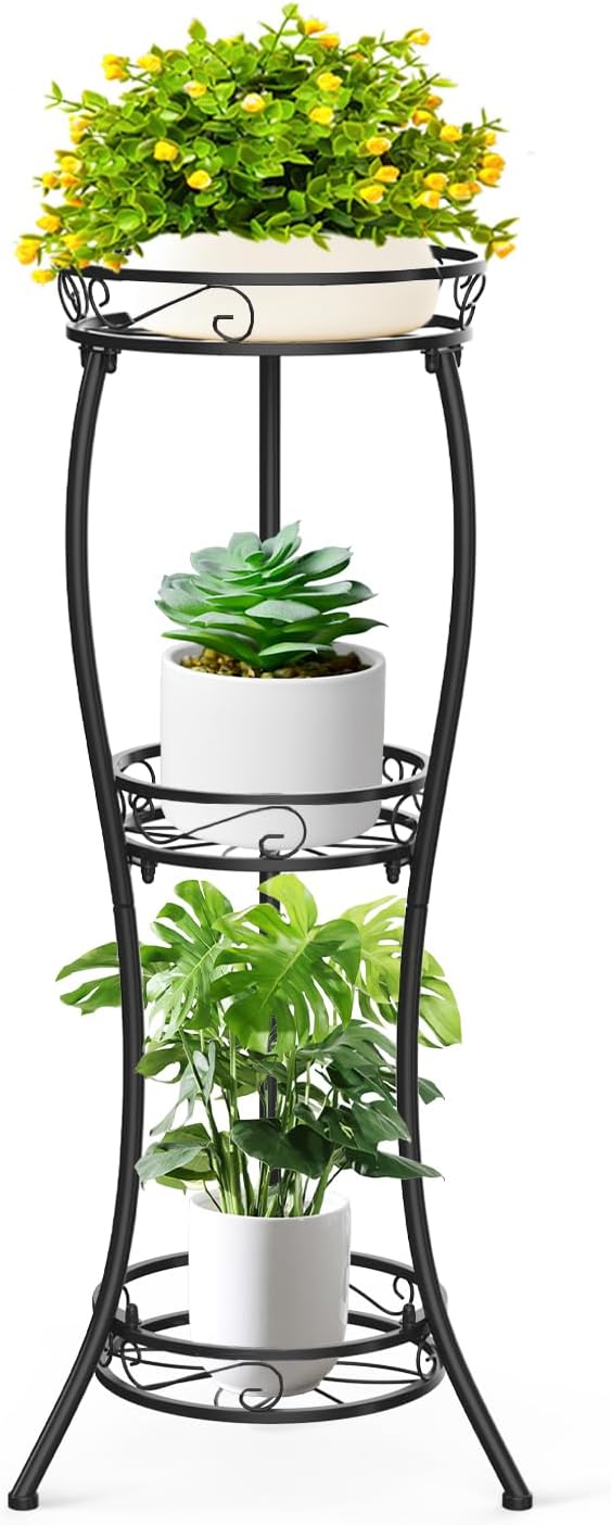 3 Tier Tall Metal Plant Stand, 35 Inch Plant Stands Indoor Outdoor, Rustproof Wrought Iron Flower Pot Stand Holder Display Rack for Corner Patio Garden Balcony Living Room