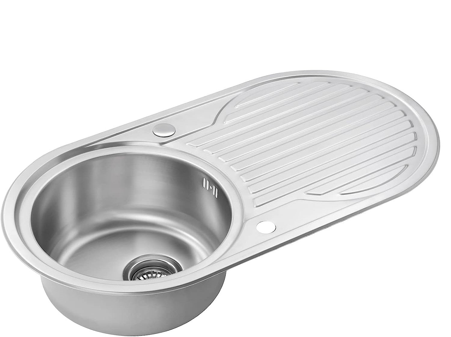 Round Bowl Kitchen Sink Stainless Steel Single Circle Drainboard Reversible Inset with Strainer Waste