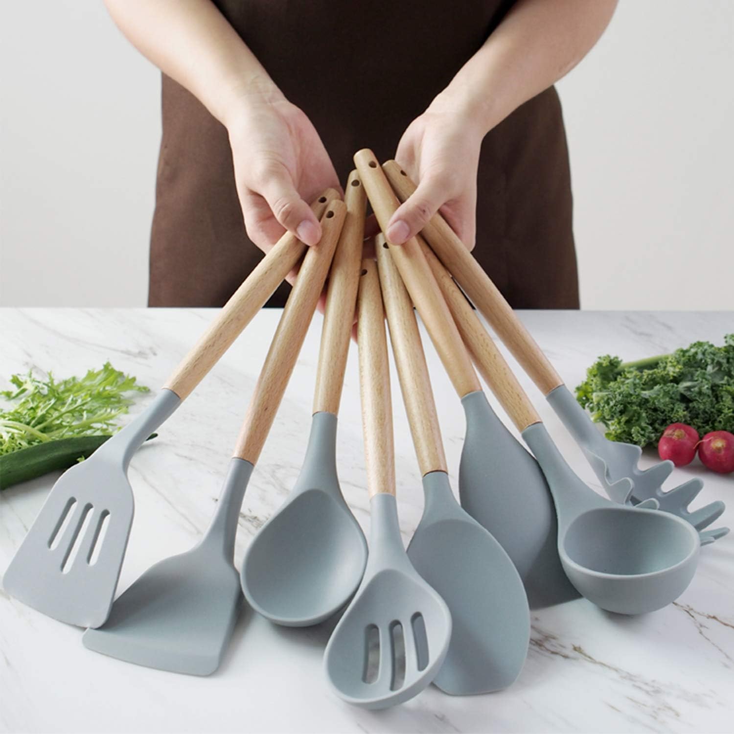 Silicone Kitchen Utensils Set,13 Pcs Wooden Handles Spatula Set