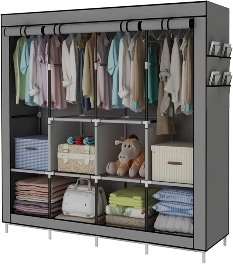 Portable Wardrobe Clothing Wardrobe Shelves Clothes Storage Organiser With 4 Hanging Rail, Black/Grey