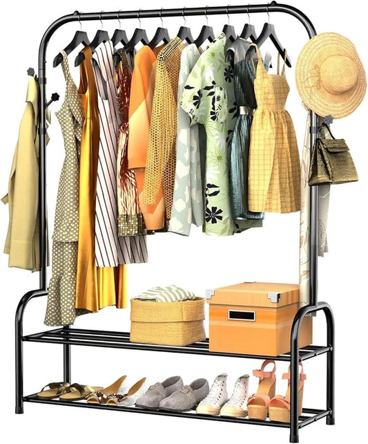 Clothes Rail Black Metal Coat Rack Freestanding Garment Rack Hanger With 6 Side Hooks and 2-Tiers(Single Rail)