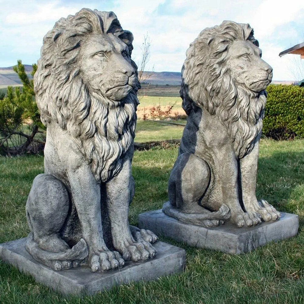 Stunning Pair Large Sitting Stone Cast Lions Garden Ornaments By DGS UK 330KGS