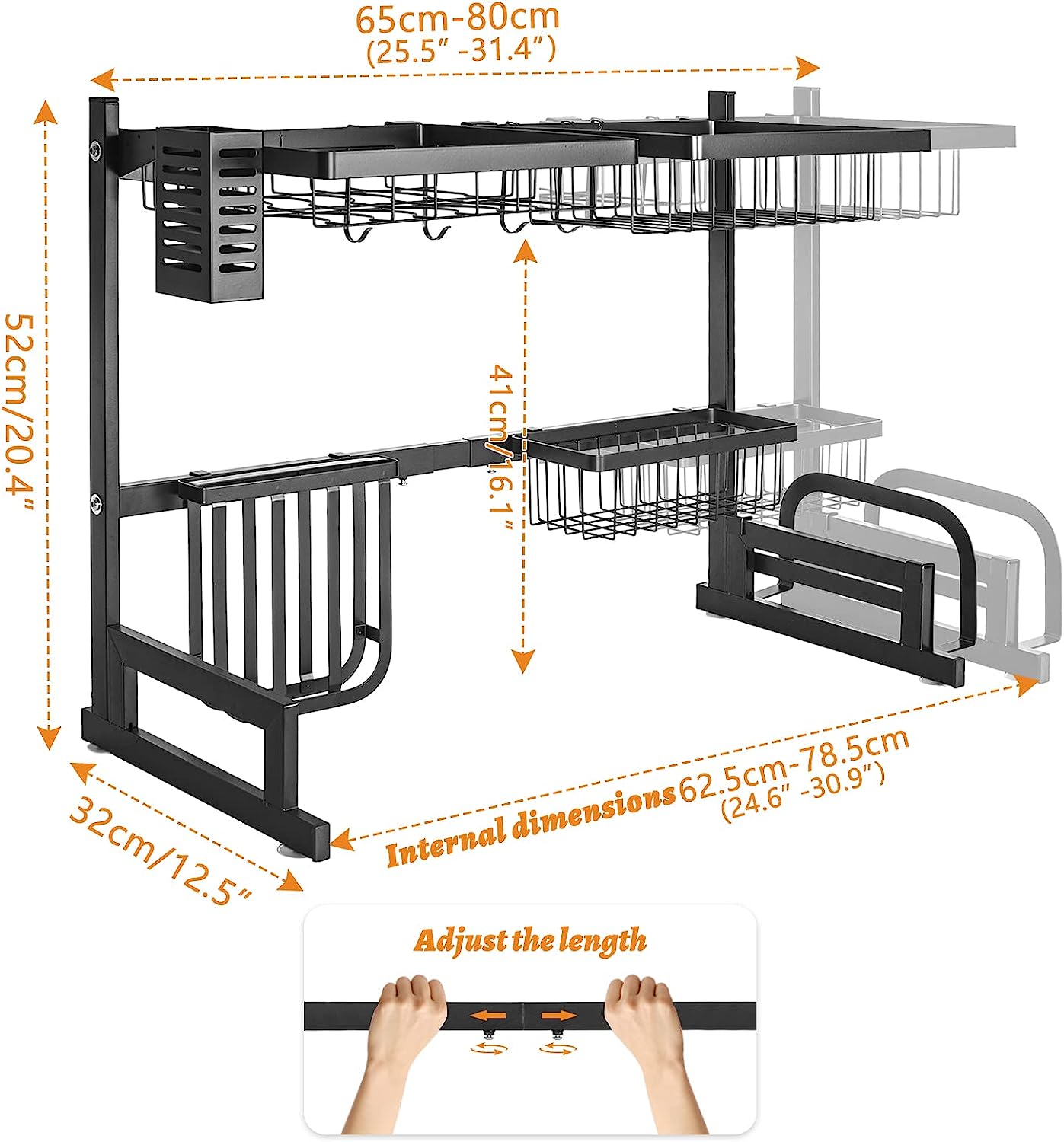 Over The Sink Dish Drying Rack Utensil Holder Drain Kitchen Drainer Storage Adjustable Length(65~80cm)