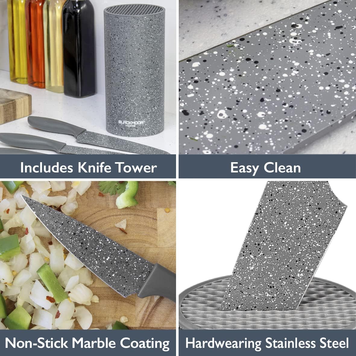 5-Piece Knife Set / Comes with Freestanding Storage Block / Stainless Steel Knives / Non-Stick Grey Marble Coating / Easy Clean / Modern & Stylish Kitchen Accessory