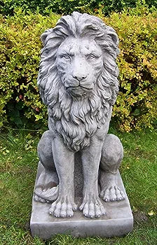 Stunning Pair Large Sitting Stone Cast Lions Garden Ornaments By DGS UK 330KGS