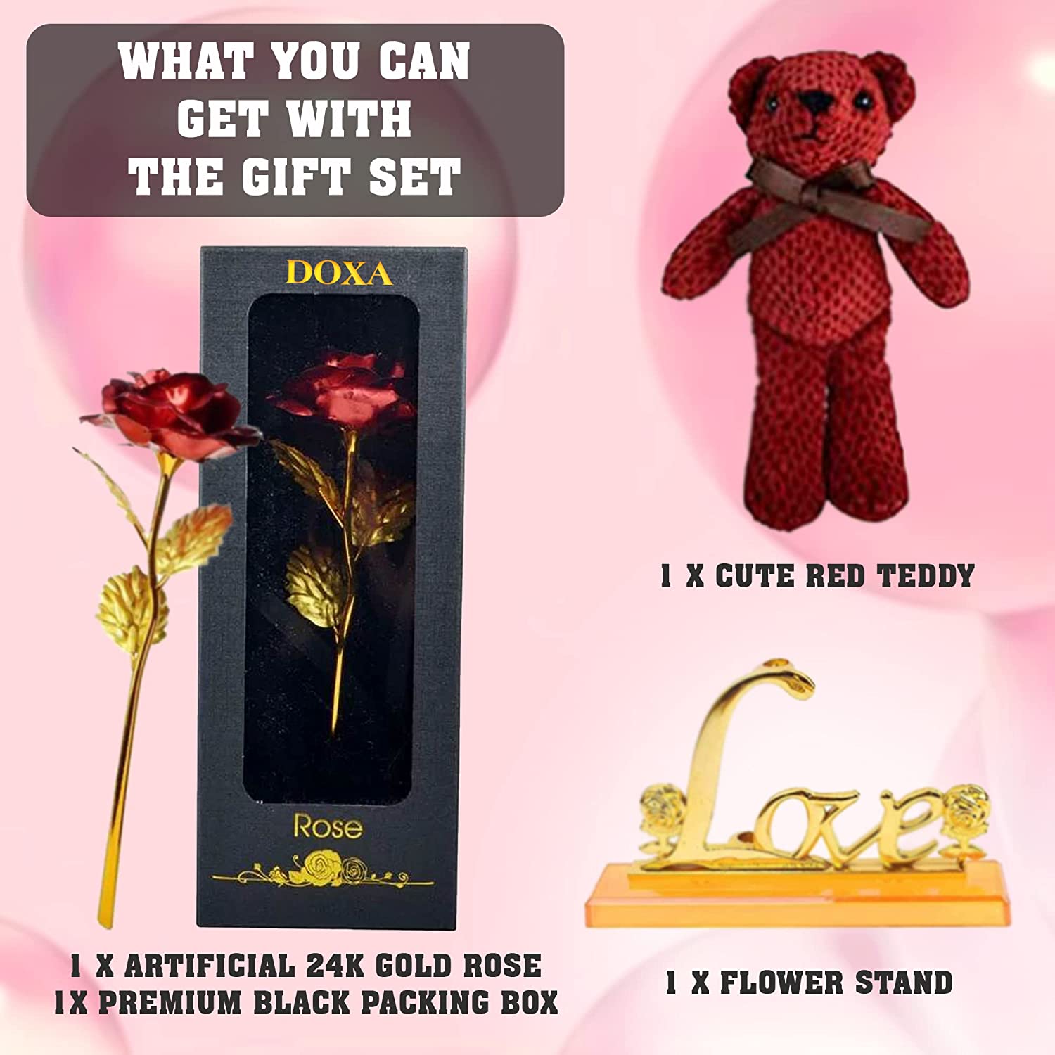 24K Gold Artificial Rose Flower with Cute Teddy