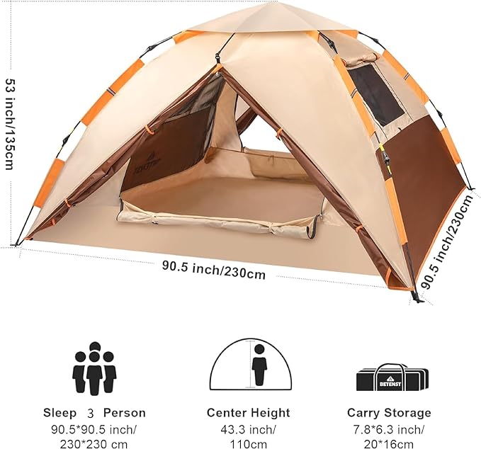 Pop up Tent 3 Person Family Dome Tent Waterproof Windproof with 2 Mesh Doors, 2 Mesh Windows, Roof Skylights, 2 in 1 Double Layers