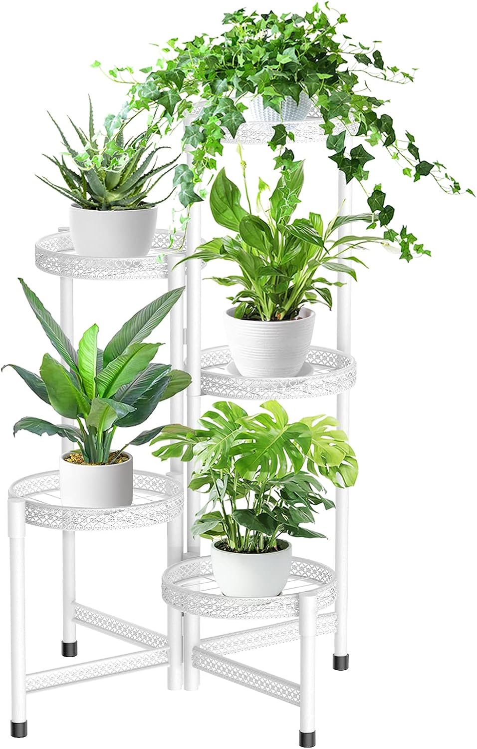 5 Tier Metal Plant Stand for Indoor Outdoor, Foldable Corner Tall Plant Shelf for Multiple Plants, Flower Display Holder for Living Room Balcony Garden Patio (White Iron Carving)