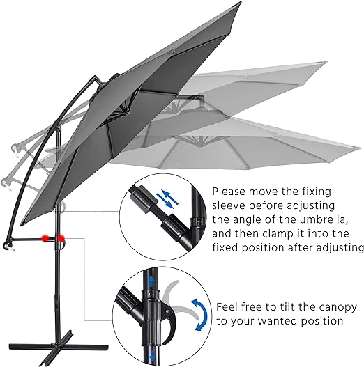 3m/2.7m Large Cantilever Parasol Garden Banana Umbrella Patio Offset Umbrella with Tilt & Crank Handle & Cross Base