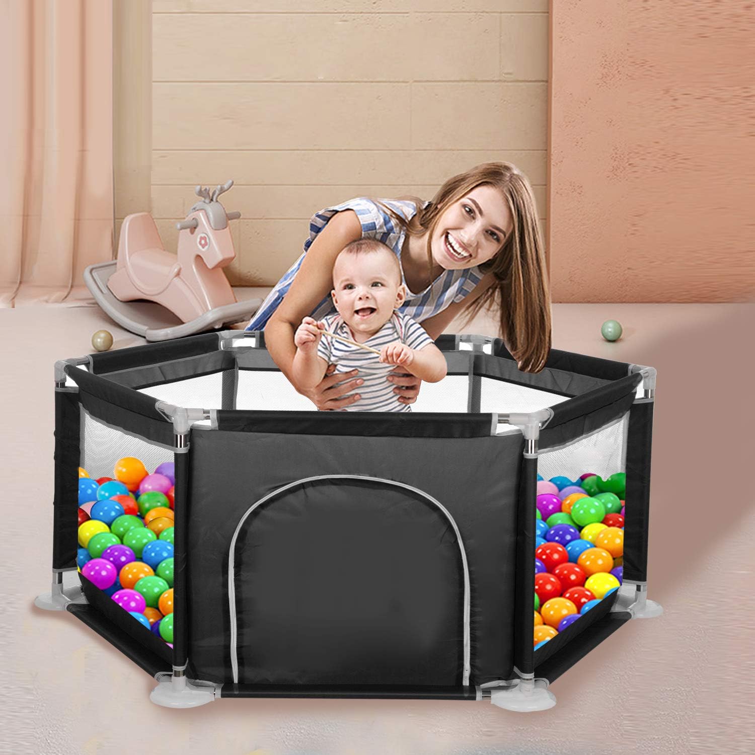 Yorking Baby Playpen Six-Plate Playpen Large Activity Playpen 6 Sides with Round Zipper Door Play Pen for Toddlers Playpen Baby Red (Without Ocean Ball)