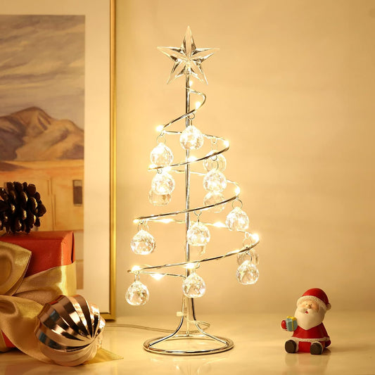 Christmas Decoration with Crystal Ball, 10.8 Inch LED Mini Desk Christmas Tree Decor Star Ornament Display Metal Stand Tabletop Decor for Holiday Party Home Indoor Outdoor Decor, Silver