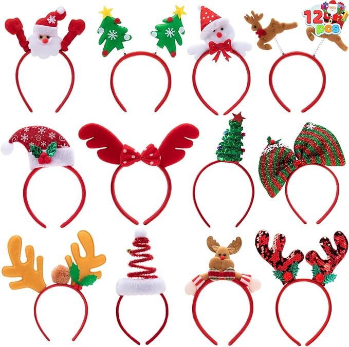 Pack of 12 Christmas Headbands with Assorted Design for Christmas Party Supplies and Party Favors (One Size Fits All)