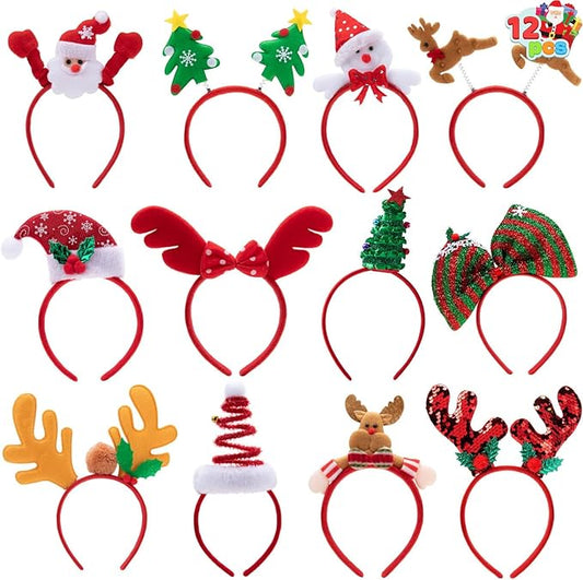 Pack of 12 Christmas Headbands with Assorted Design for Christmas Party Supplies and Party Favors (One Size Fits All)