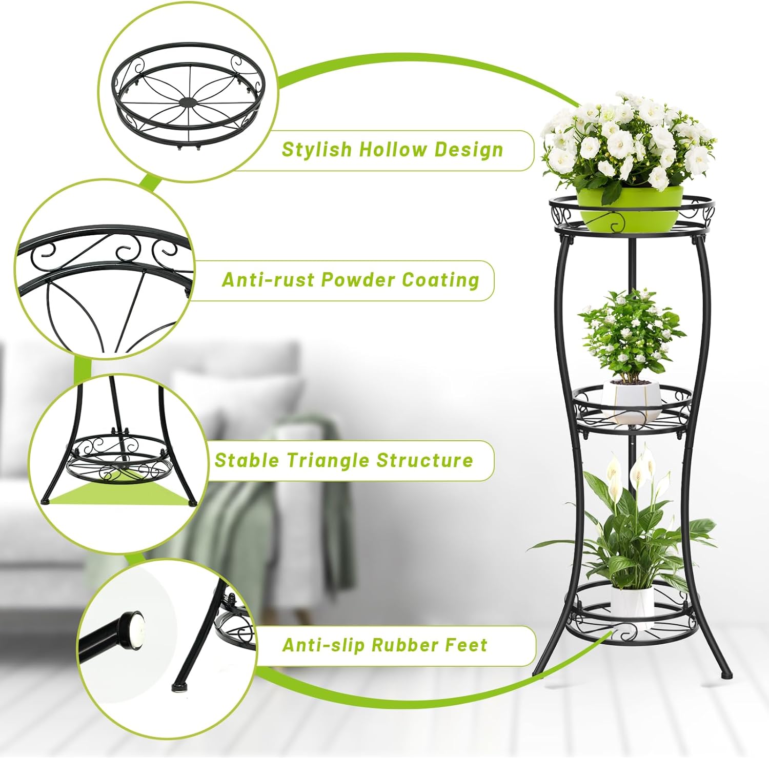 3 Tier Tall Metal Plant Stand, 35 Inch Plant Stands Indoor Outdoor, Rustproof Wrought Iron Flower Pot Stand Holder Display Rack for Corner Patio Garden Balcony Living Room