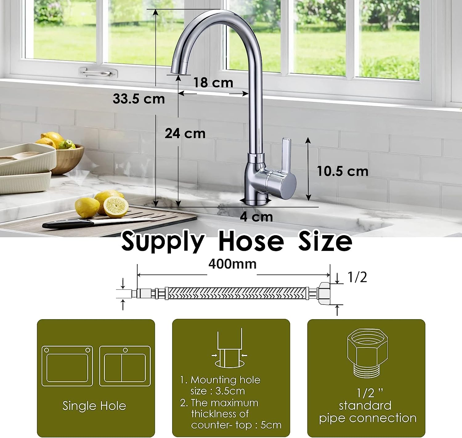 Kitchen Taps Mixer Chrome Monobloc Kitchen Sink Taps Mixer 1 Hole Single Lever Mono Kitchen Mixer Taps 1 Hole 360° Swivel Kitchen Faucet