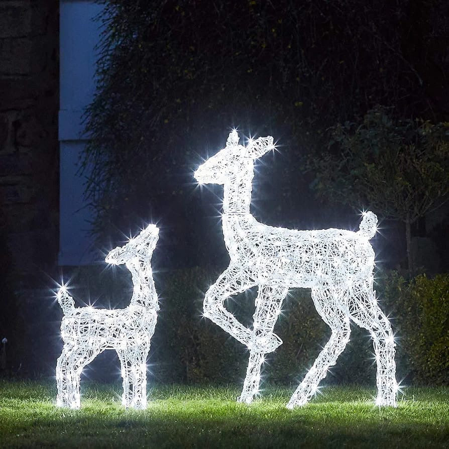 Christmas Outdoor Reindeer Doe & Fawn Light Up Acrylic Figures Garden Decoration 300 White LEDs Plug In with Timer