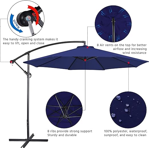 3m/2.7m Large Cantilever Parasol Garden Banana Umbrella Patio Offset Umbrella with Tilt & Crank Handle & Cross Base